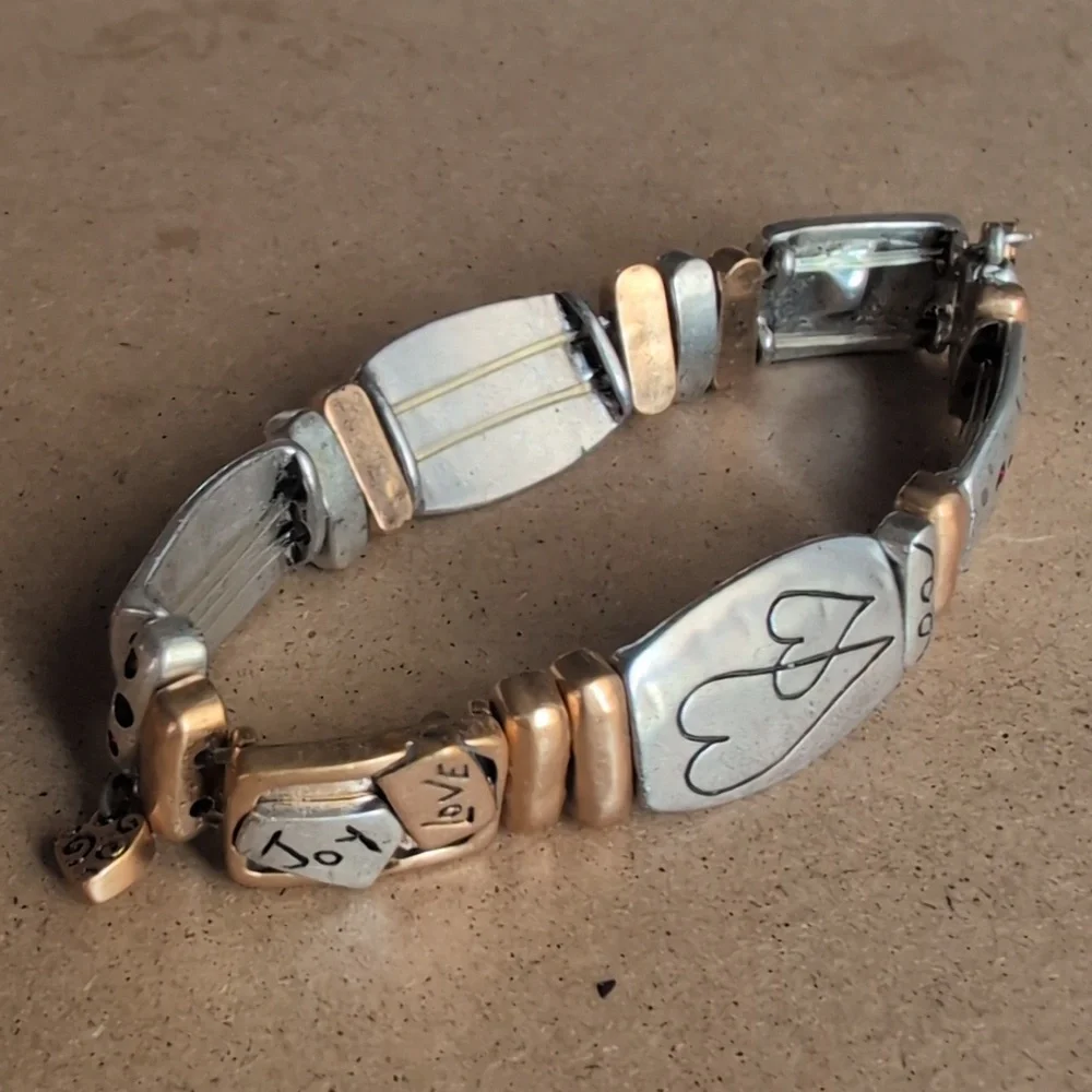 Silver and Gold Tone Heart with Red Crystals Stretch Bracelet